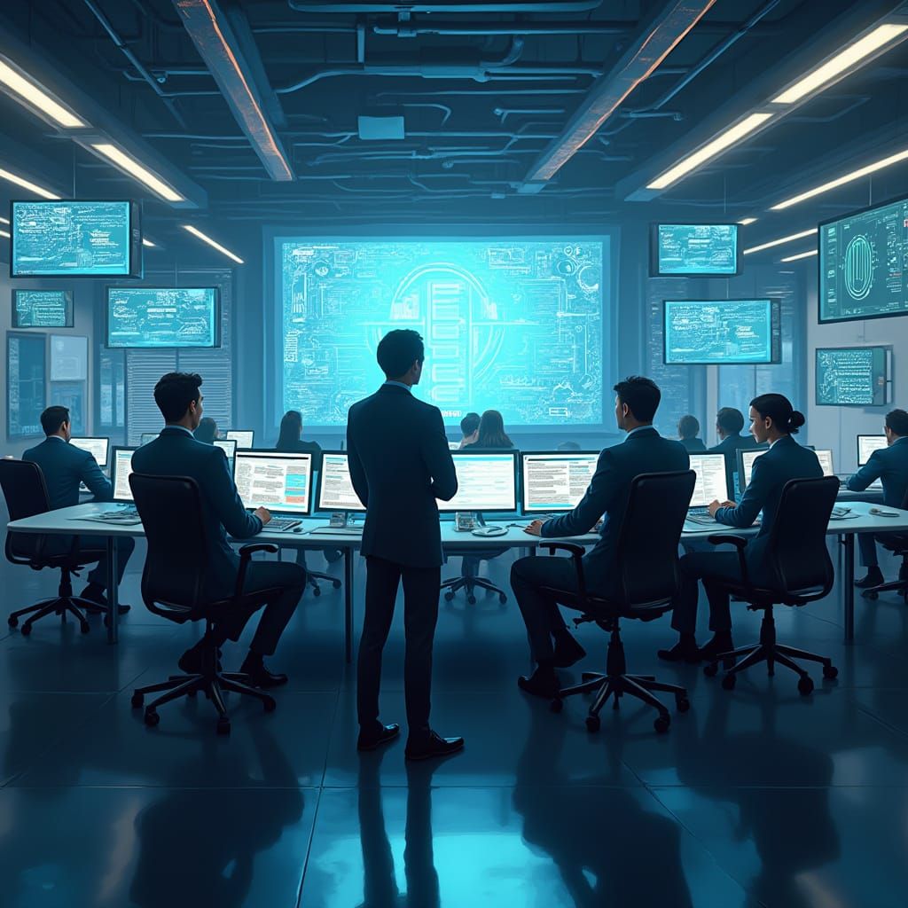Cybersecurity Experts in Futuristic Office Setting