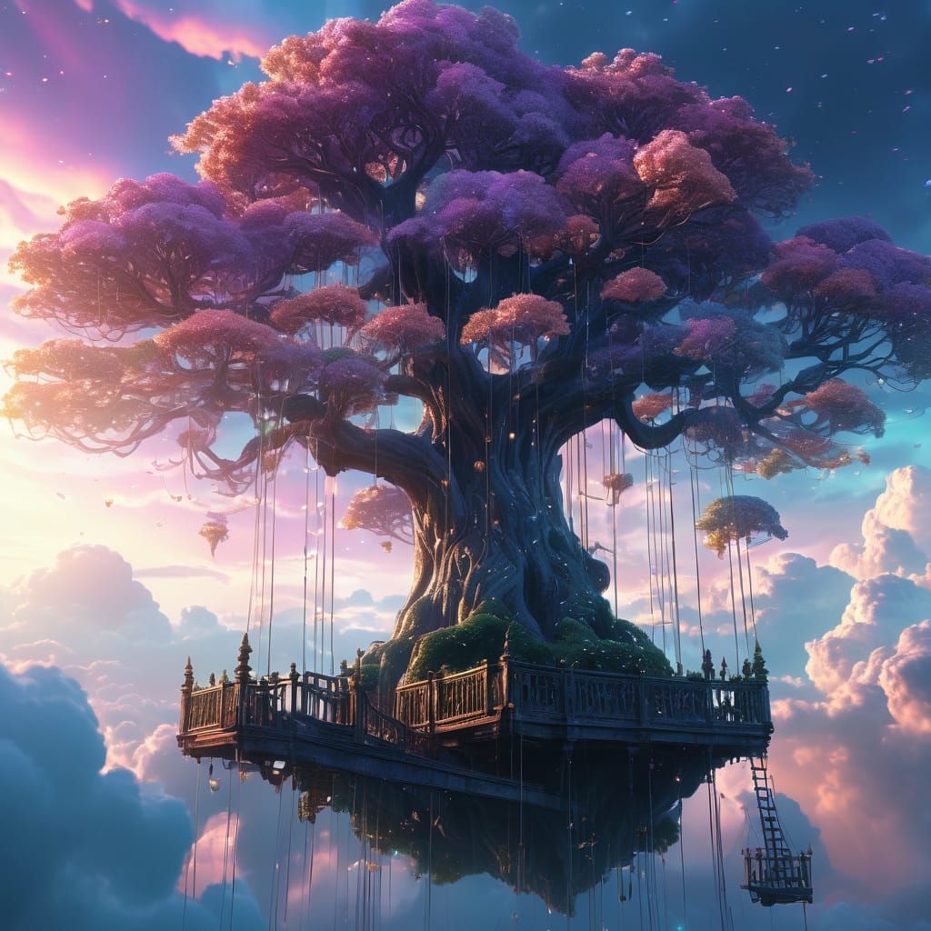 Whimsical Crystal Palace Treehouse on a Glowing Tree of Life