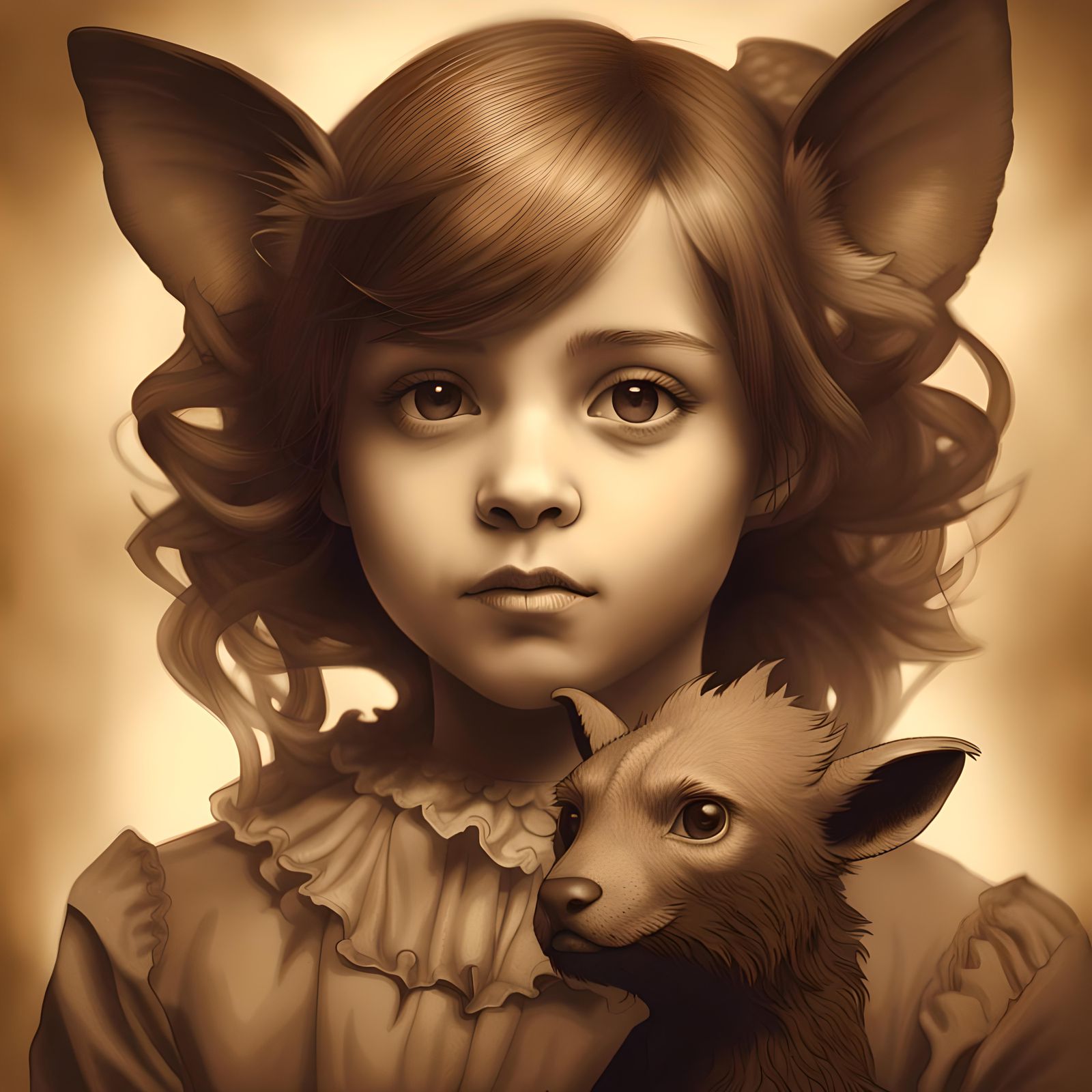 Victorian Portrait of Girl with Pet in Sepia