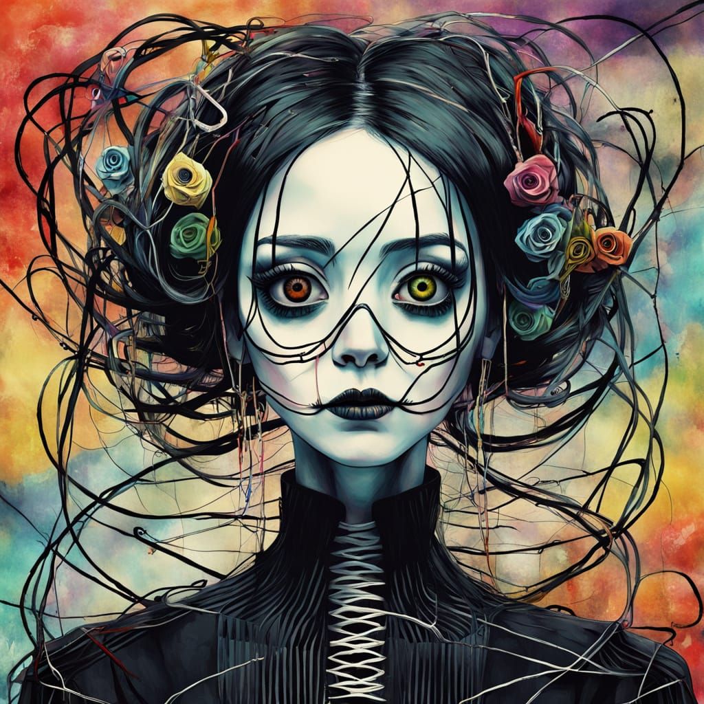 Macabre Anime Woman with Wire Hair in Burton Style