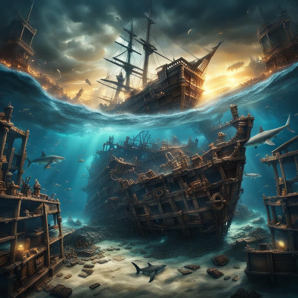 Sunken Pirate Shipwreck with Treasure Chests