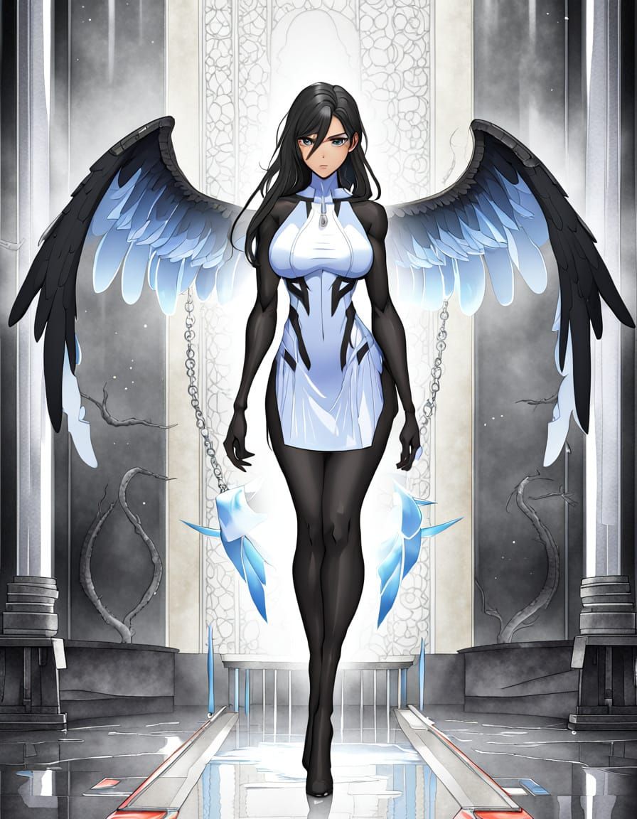 Anime Angelic Woman with Six Wings in Translucent Gown