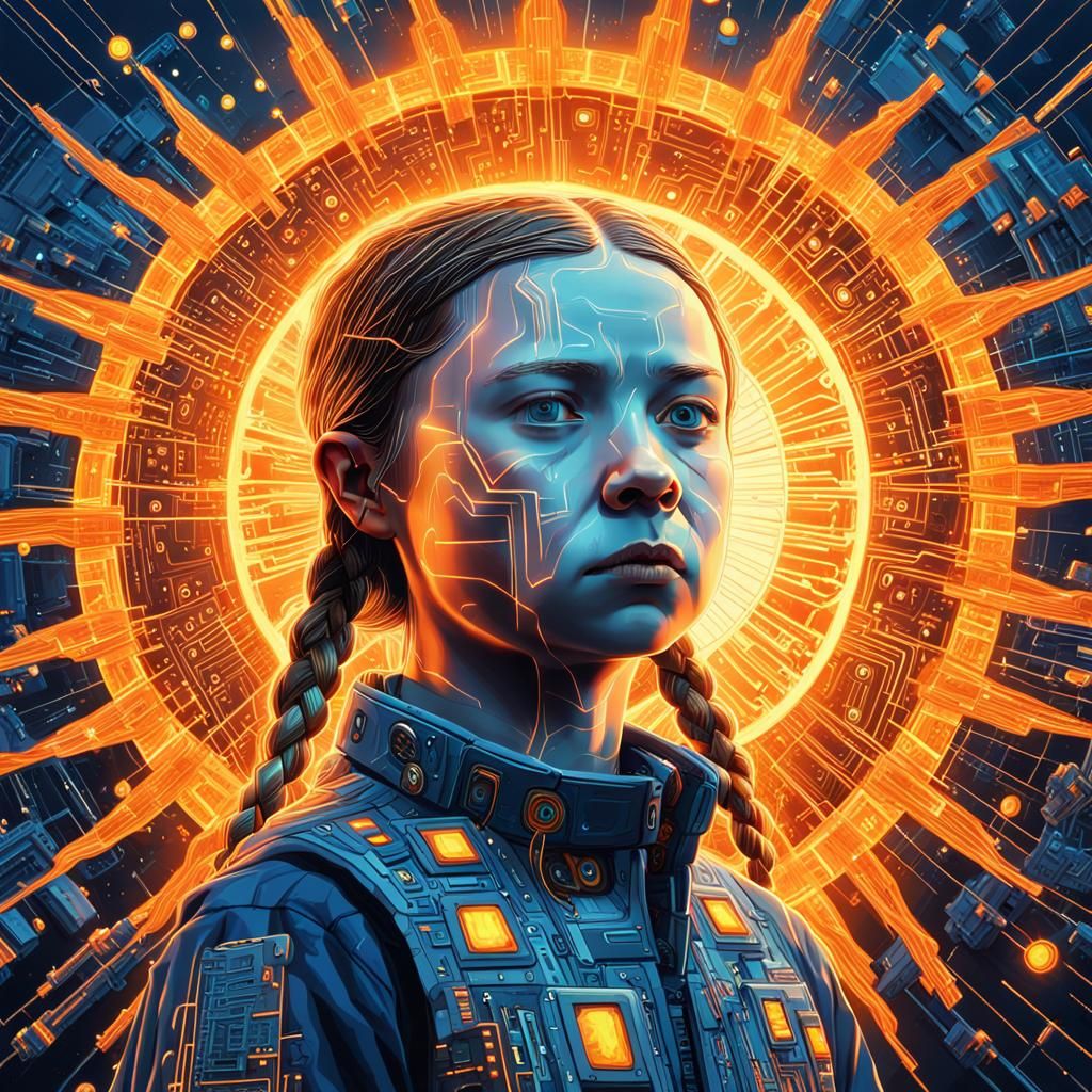 Greta Thunberg Confronts a Futuristic Technological Sun