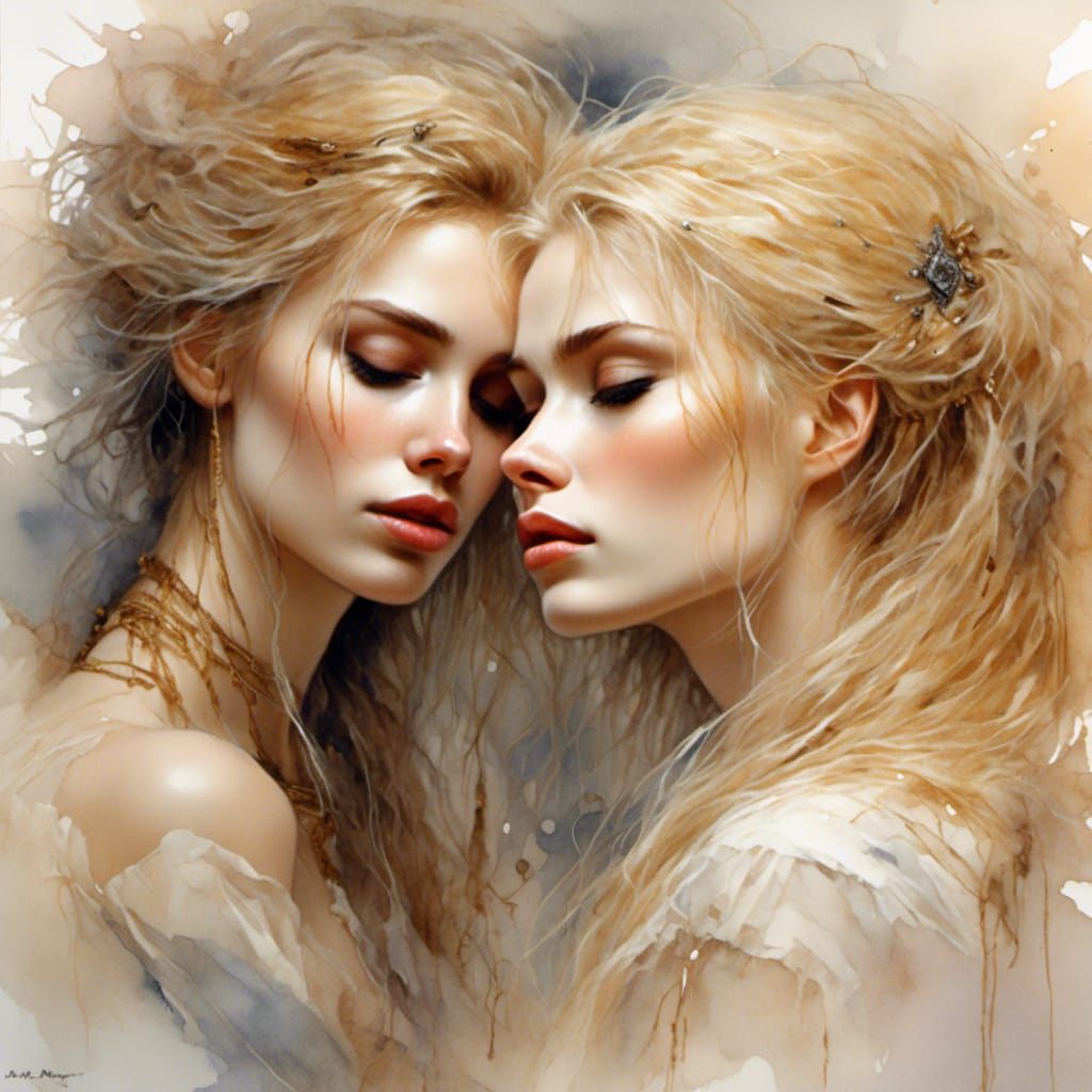 Romantic Portrait of Two Women in Watercolor