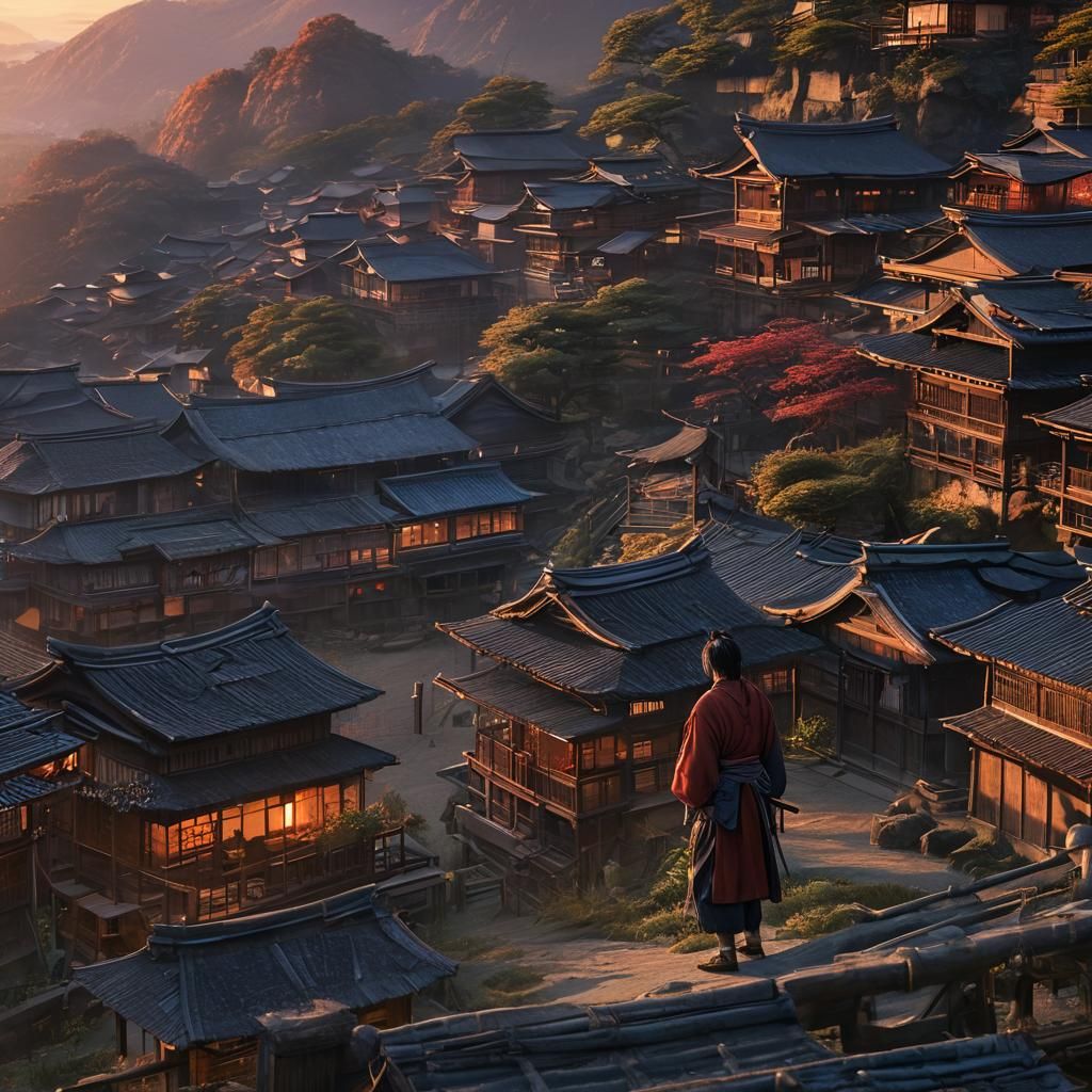 Himura Kenshin in Japanese Village Sunset