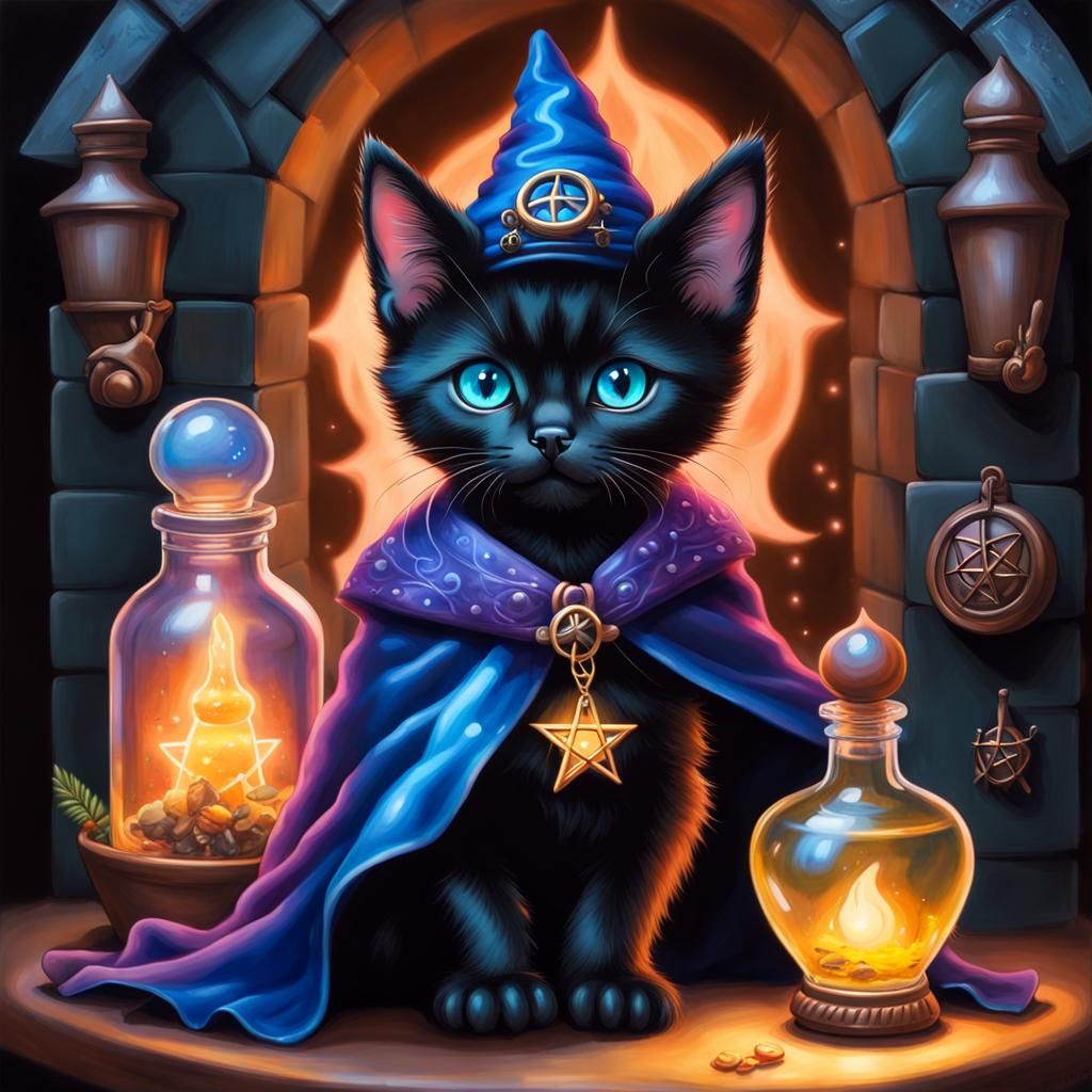 Kitten Wizard in Dungeon, Airbrush Art