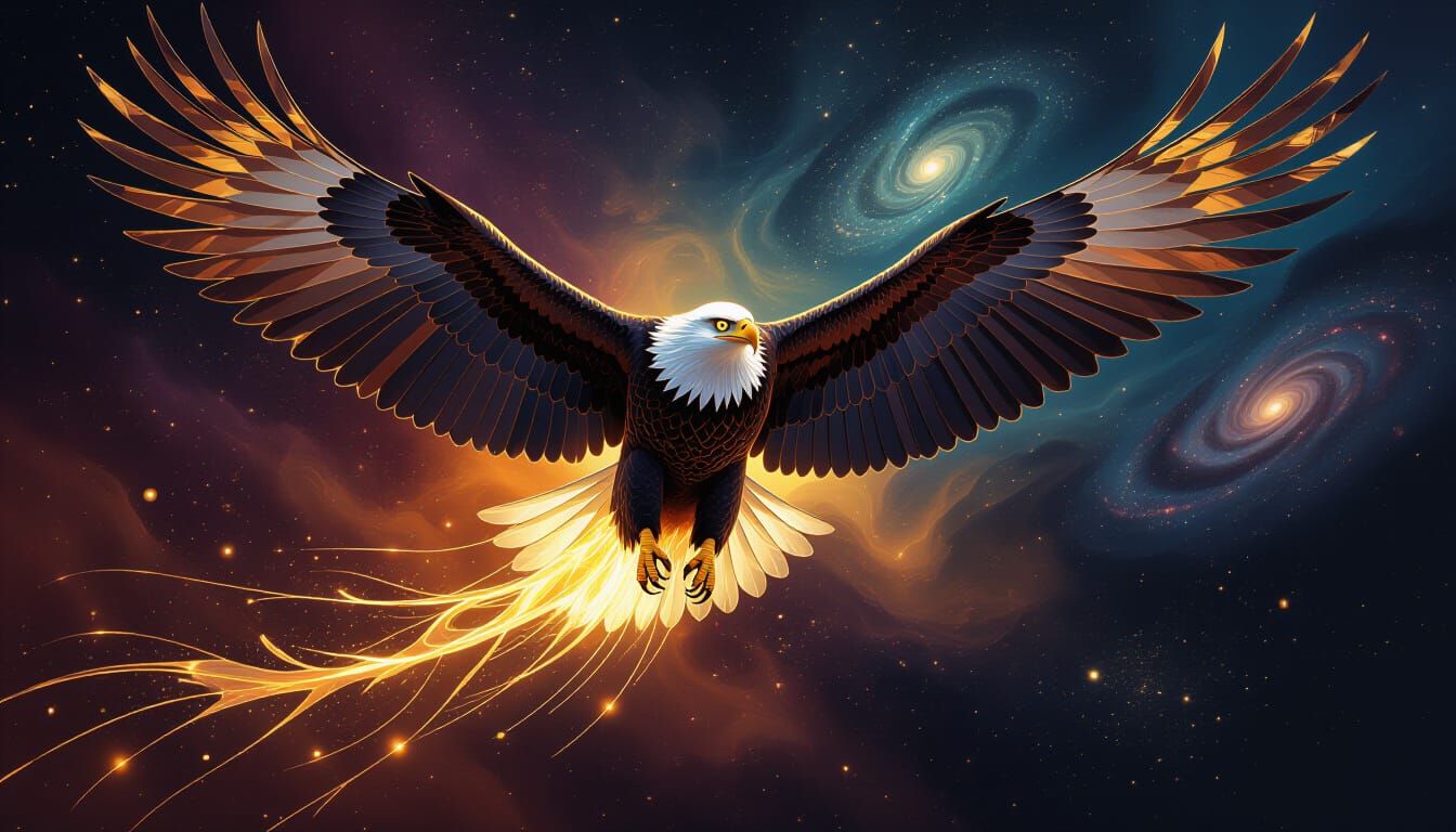 Golden Liquid Eagle Soars Through Cosmic Paint Nebula