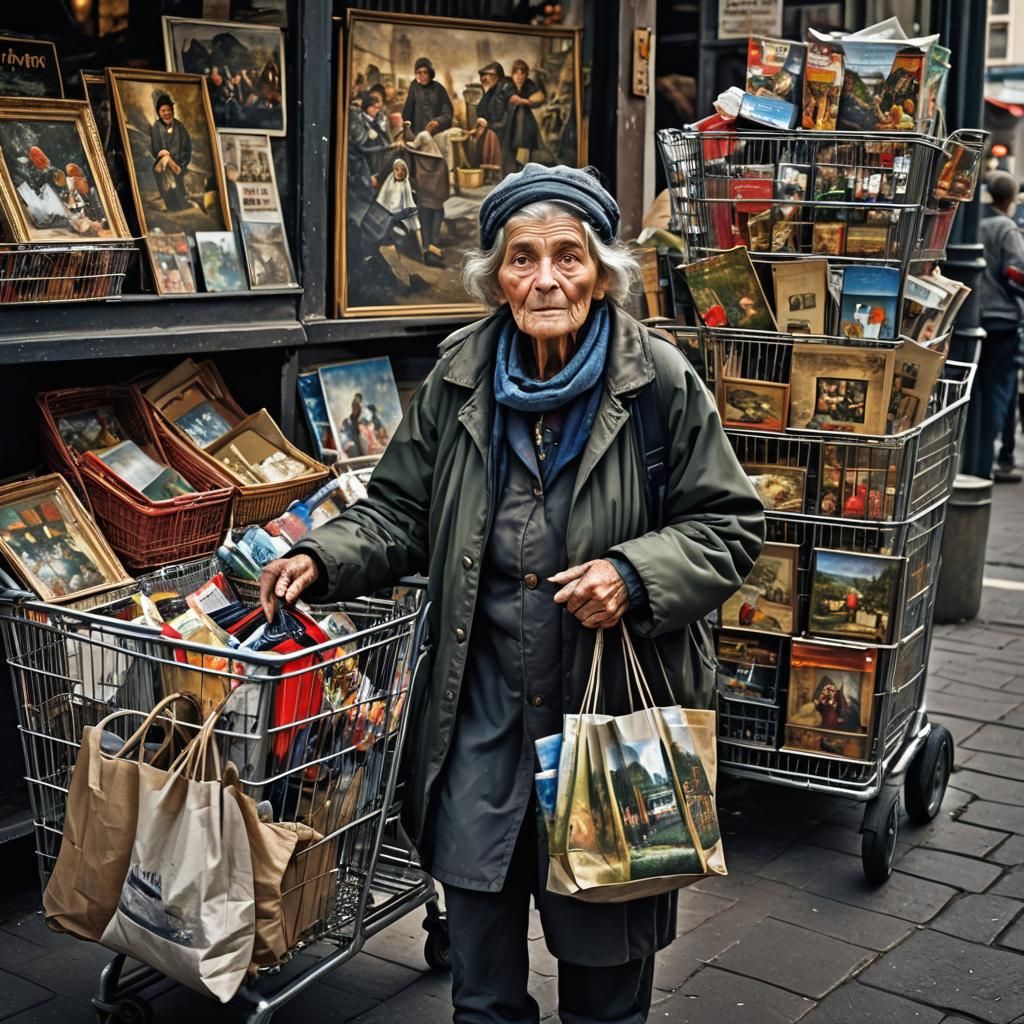 Hyperrealistic Portrait: Homeless Woman with Art Cart
