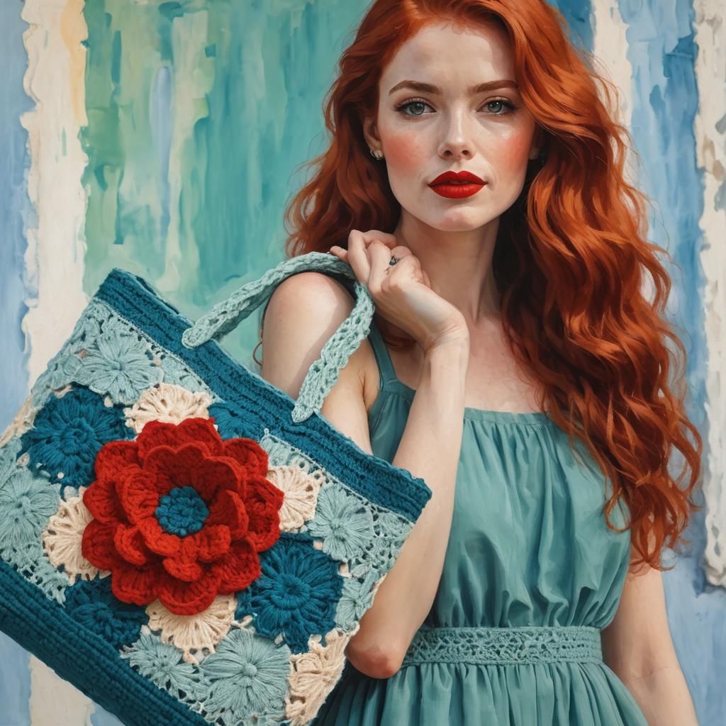 French Woman with Crocheted Bag, Impasto Oil Painting