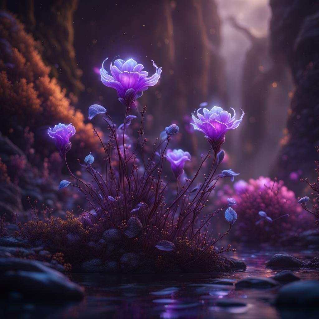 Bioluminescent Violet Flower: Detailed Digital Painting