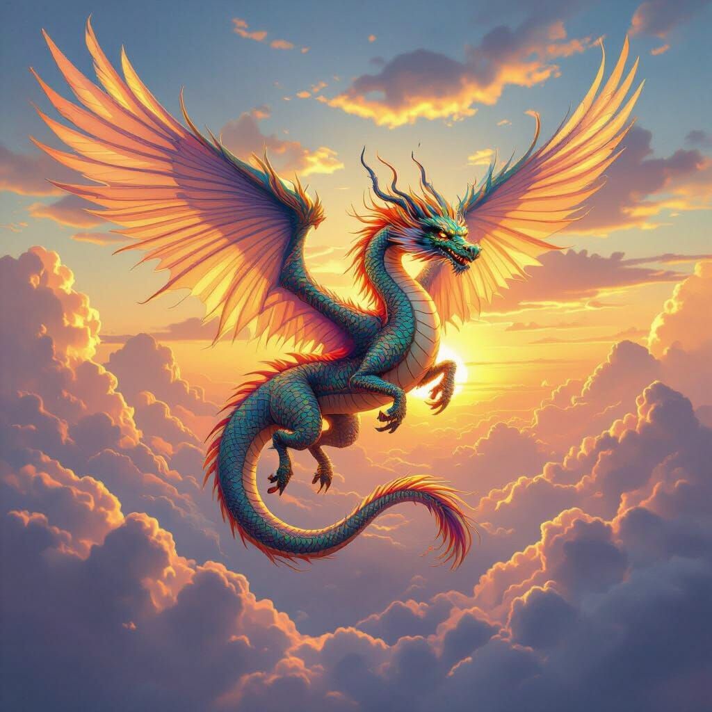 Chinese Dragon Pegasus Hybrid Soaring at Sunset
