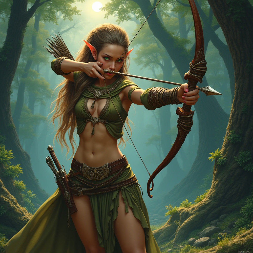 Elven Huntress in Primeval Forest, Matte Painting