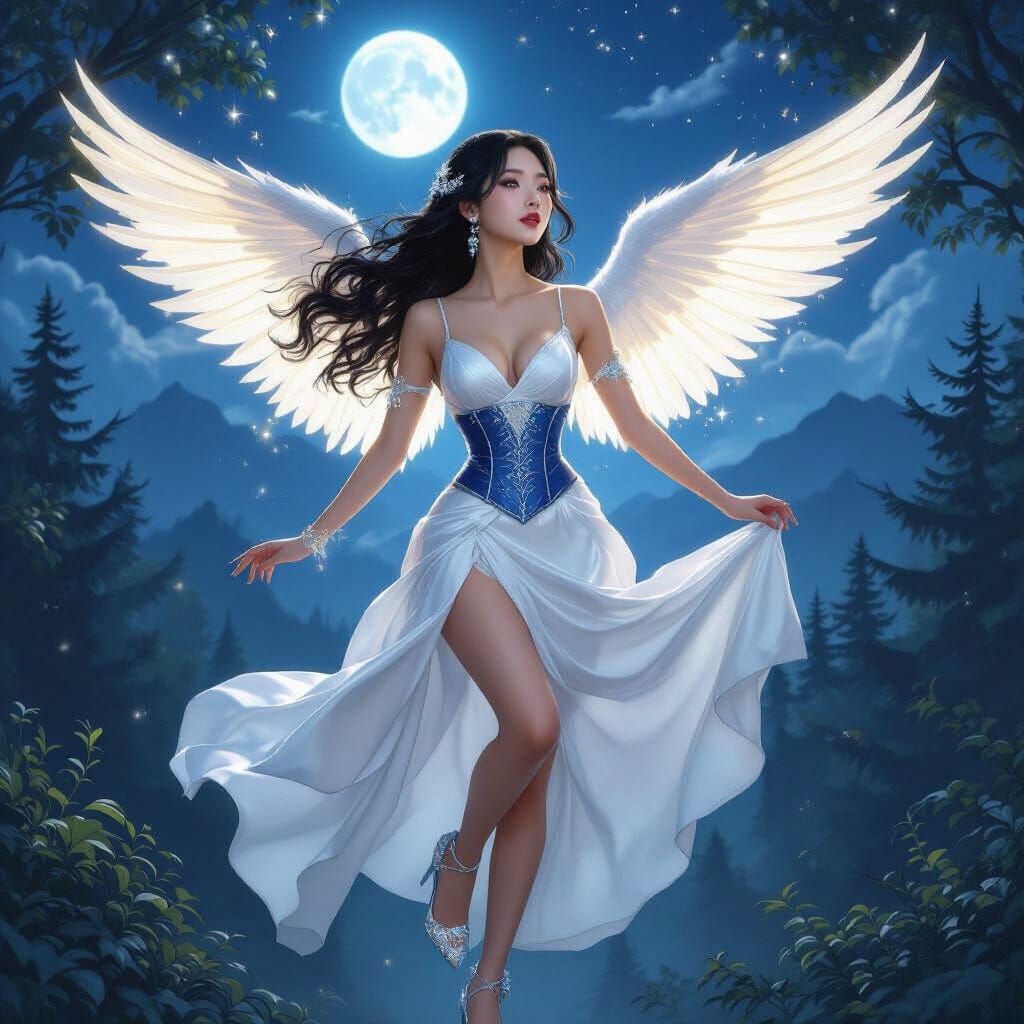 Angel Takes Flight in Moonlit Forest Digital Painting