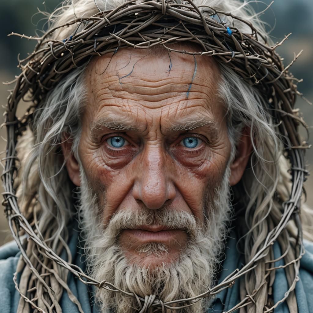 Wise Old Man with Barbed Wire Crown: Macro Photo