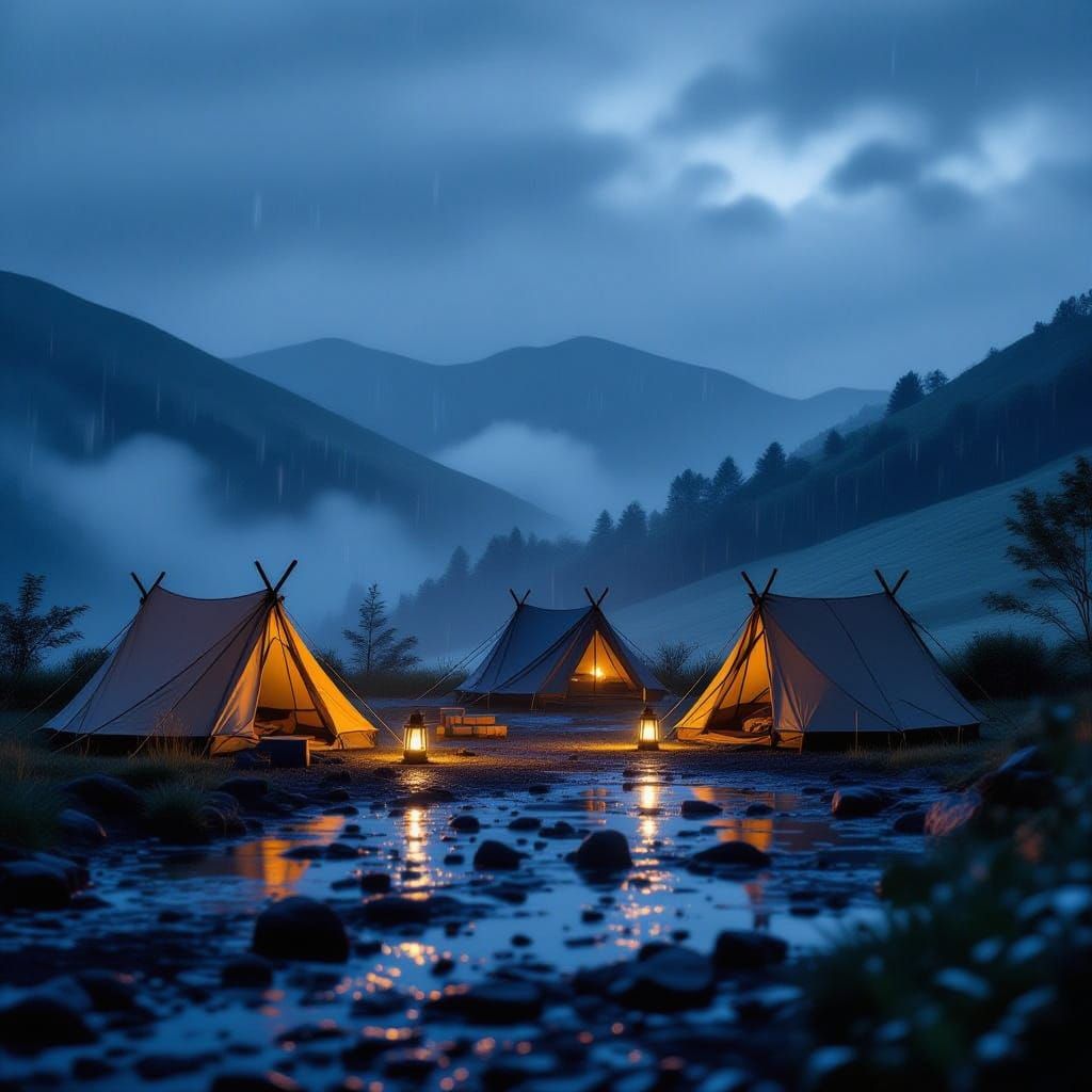 Cozy Rainy Night Campsite Cinematic Scene