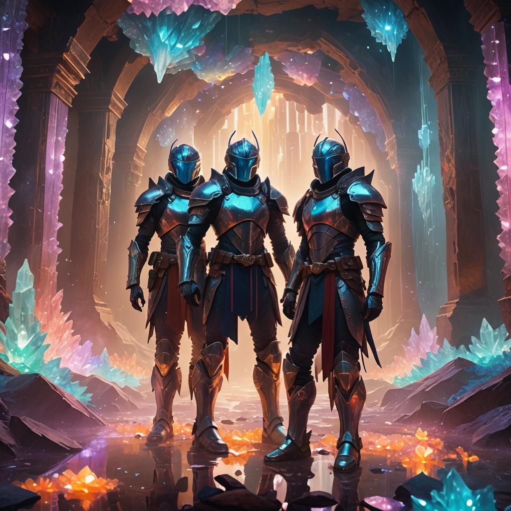 Guardians in Crystalline Cavern: Fantasy Digital Art