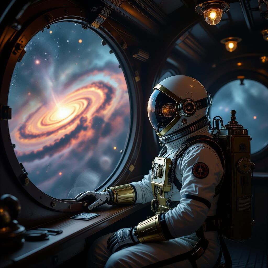 Steampunk Astronaut Gazes at Nebula