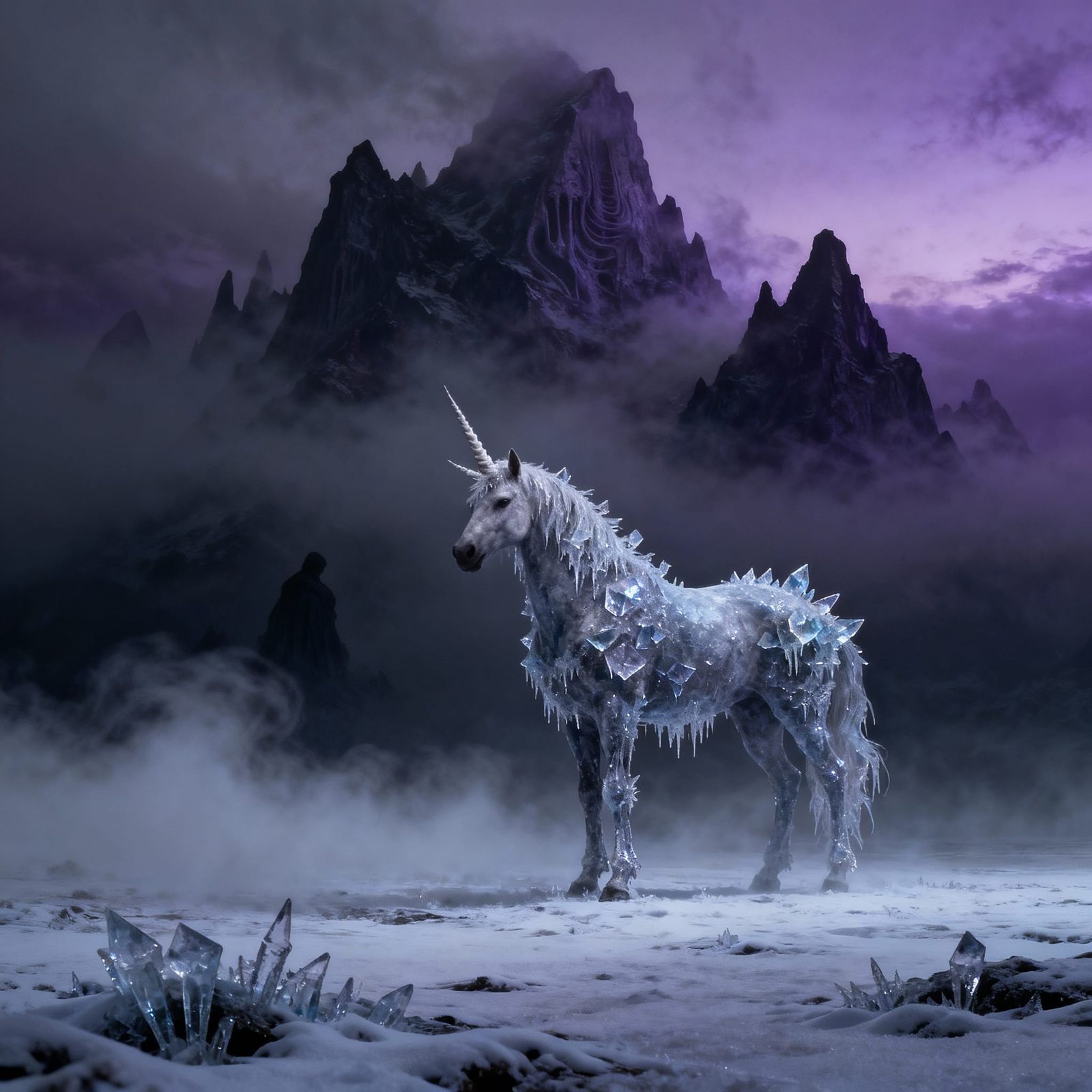 Majestic Frost Unicorn in Twilight Landscape