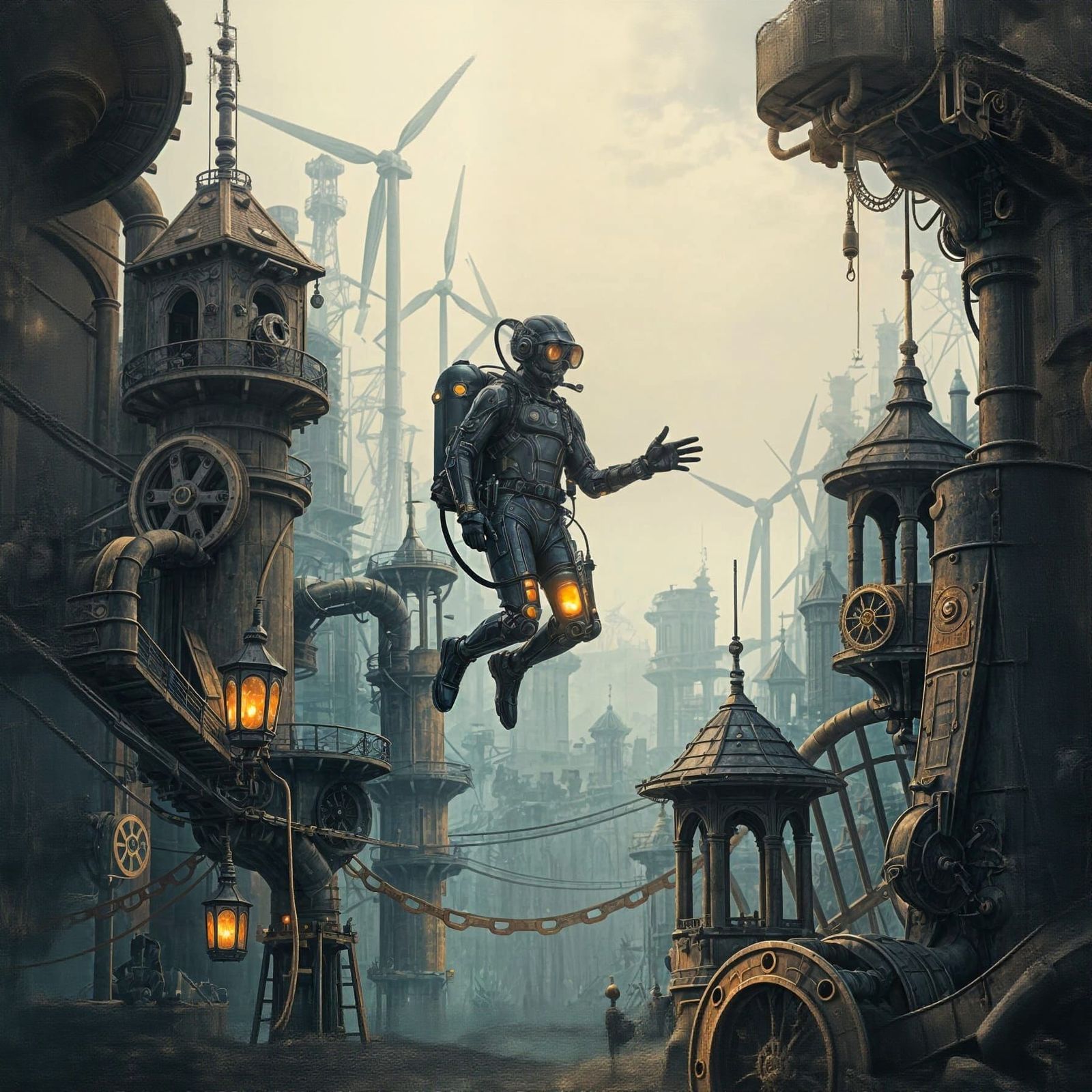 Steampunk City Powered by Renewable Energy in Art Nouveau St...
