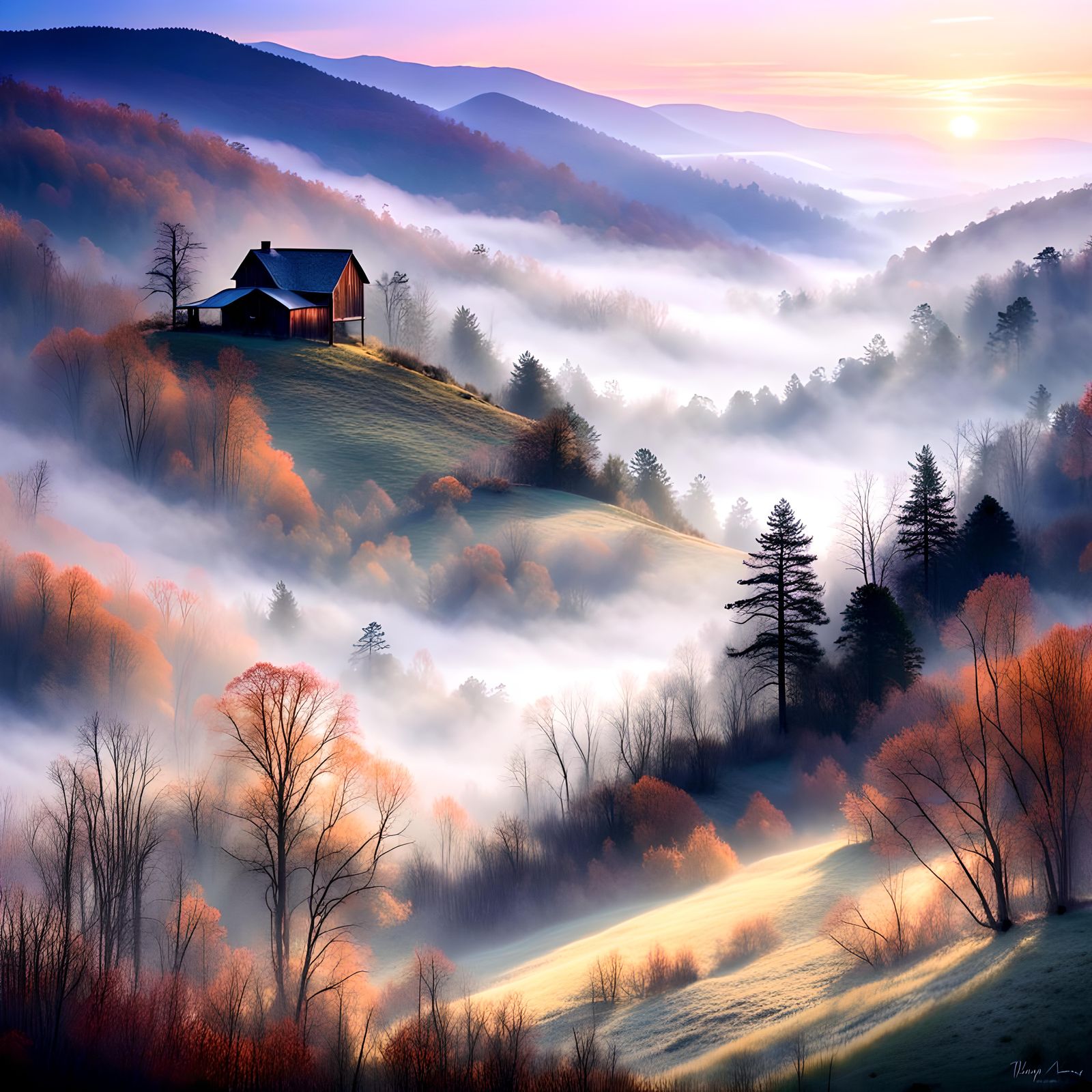 Vista, Appalachian Mountains, ground fog, dawn, shimmering, mystical, mysterious  (search: landscape)