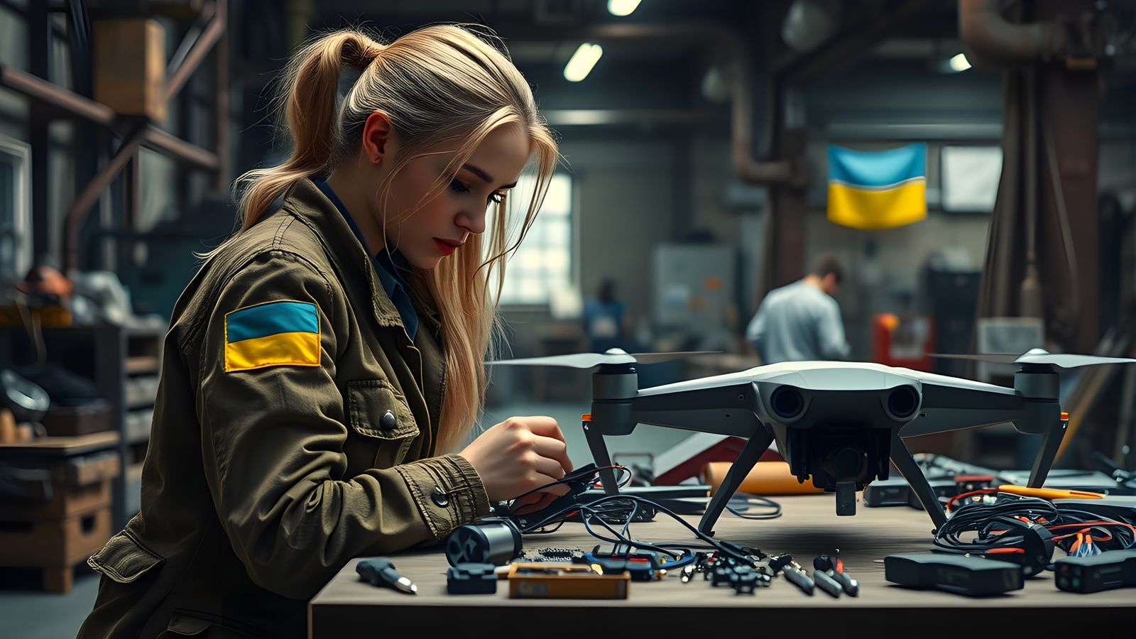 Young Slavic Woman Repairs Drones in Factory