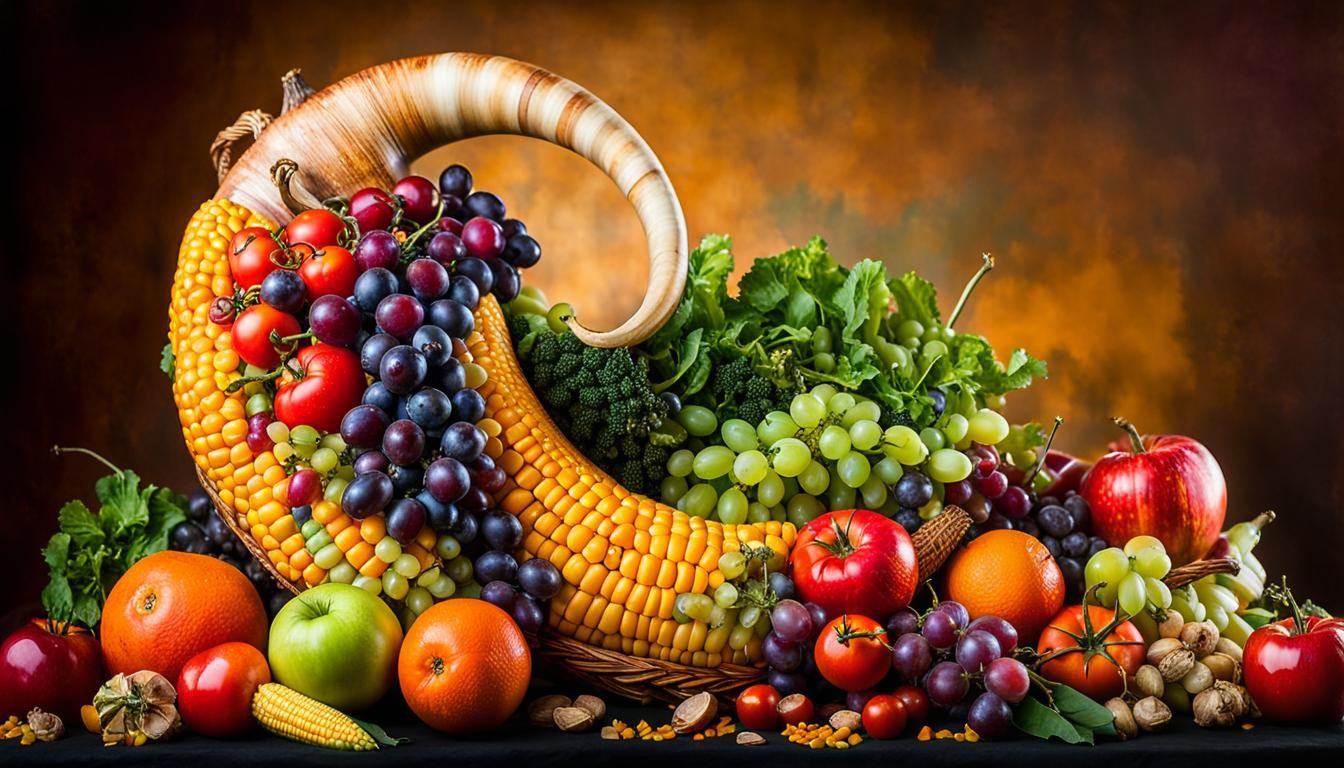 Abundant Cornucopia with Fruits and Jewels