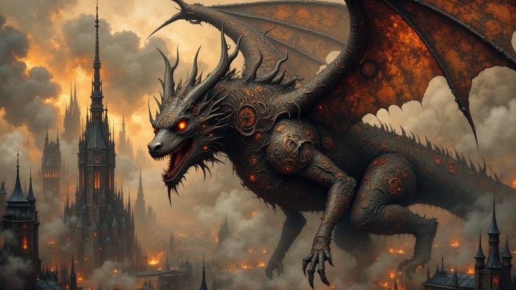 Clockwork Dragon Attacks Metropolis in Art Nouveau Style