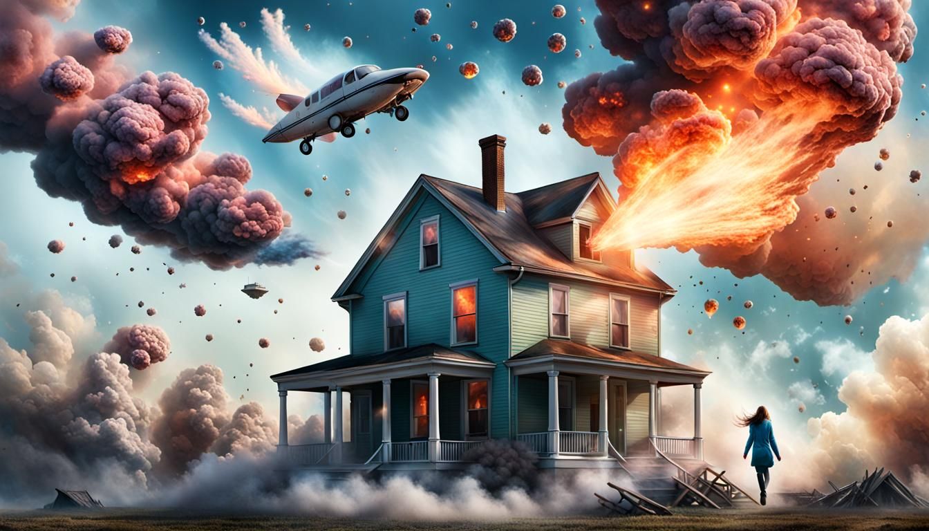 Woman Flies Over Exploding House: Hyperrealism