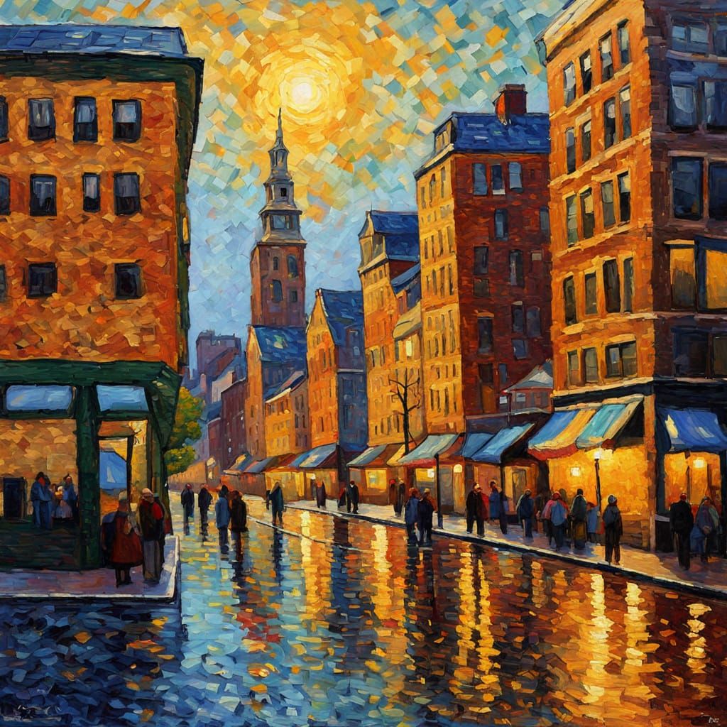Boston Cityscape in Neo-Impressionistic Oil Painting Style