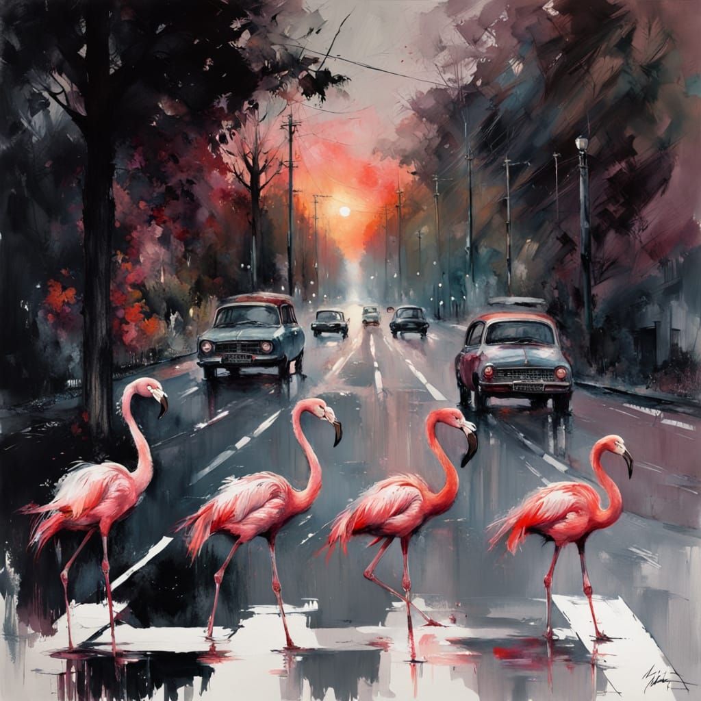 Flamingos Cross Urban Street at Sunset Oil Painting