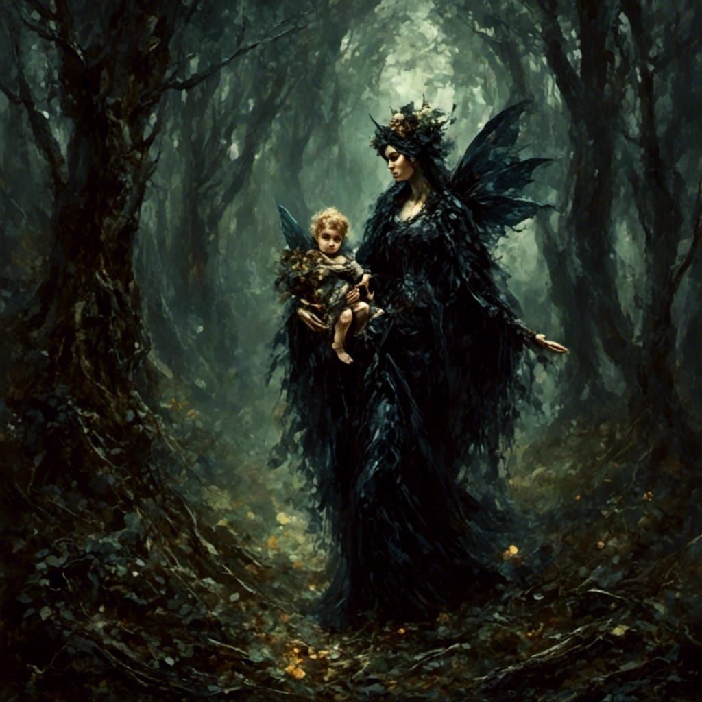 Dark Fae Steals Infant in Night Forest