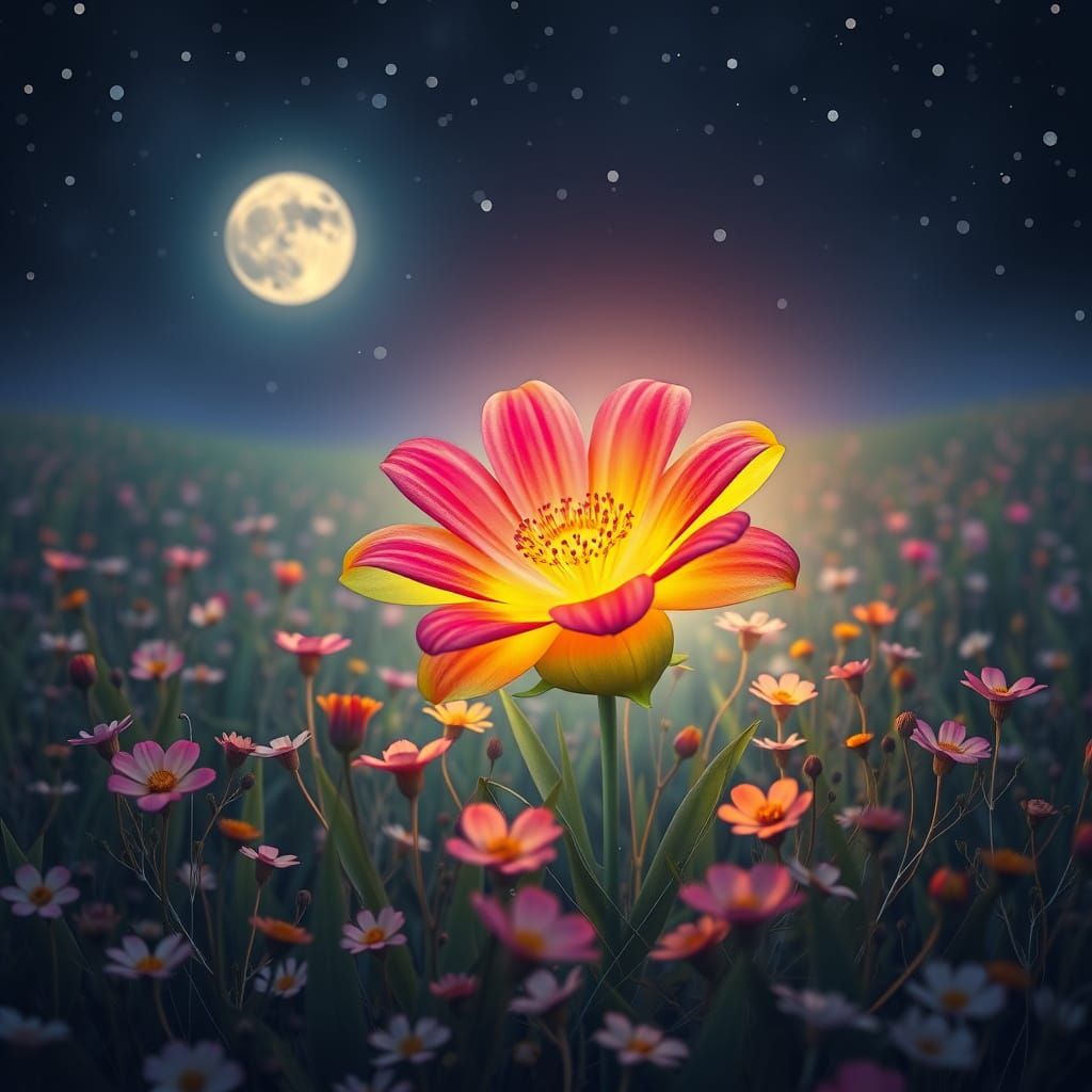 Glowing Rainbow Flower Field at Night