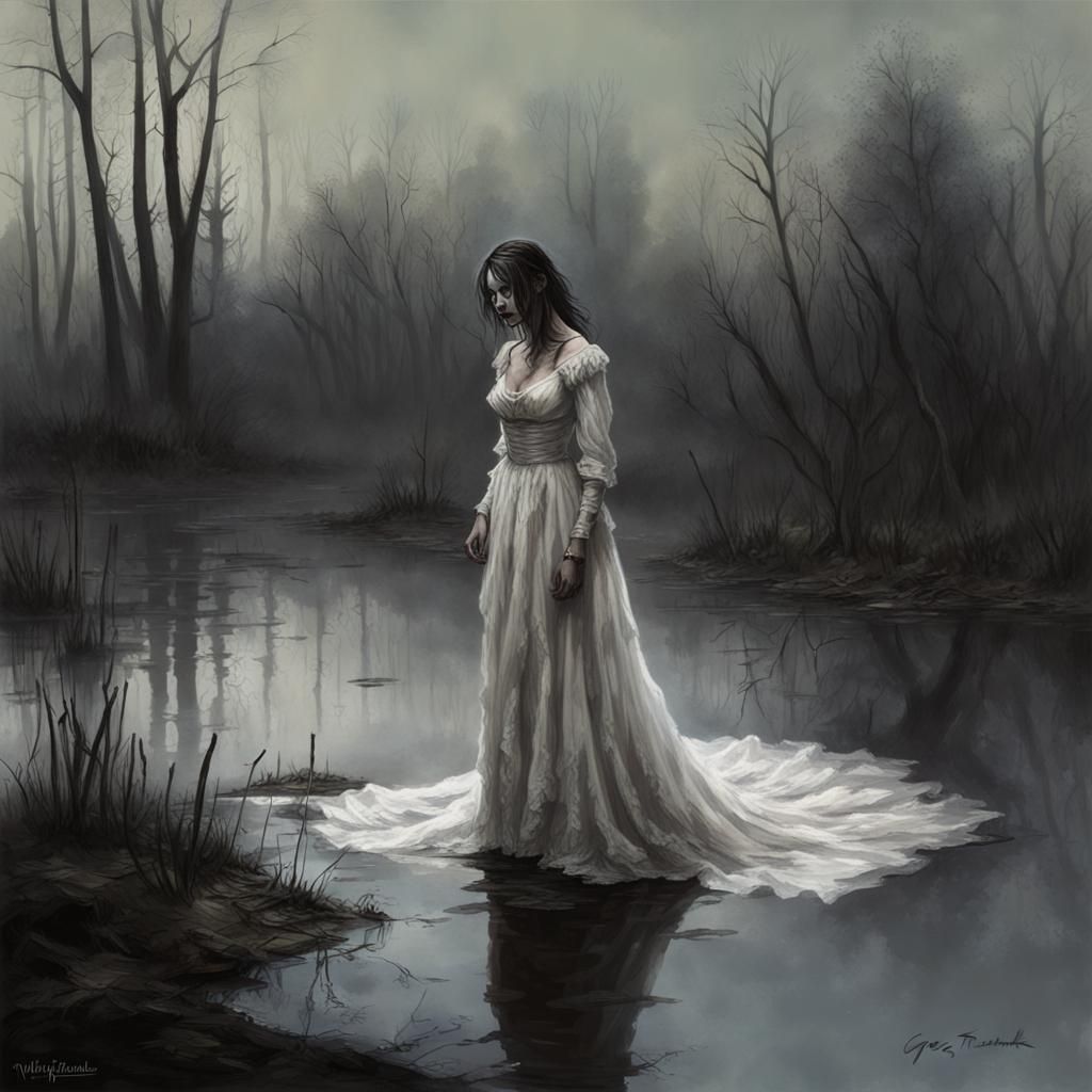A spectral woman in a tattered wedding dress at the edge of a murky pond.