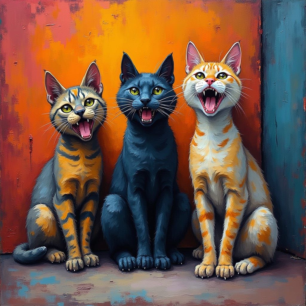 Impressionist Painting of Three Hungry Alley Cats