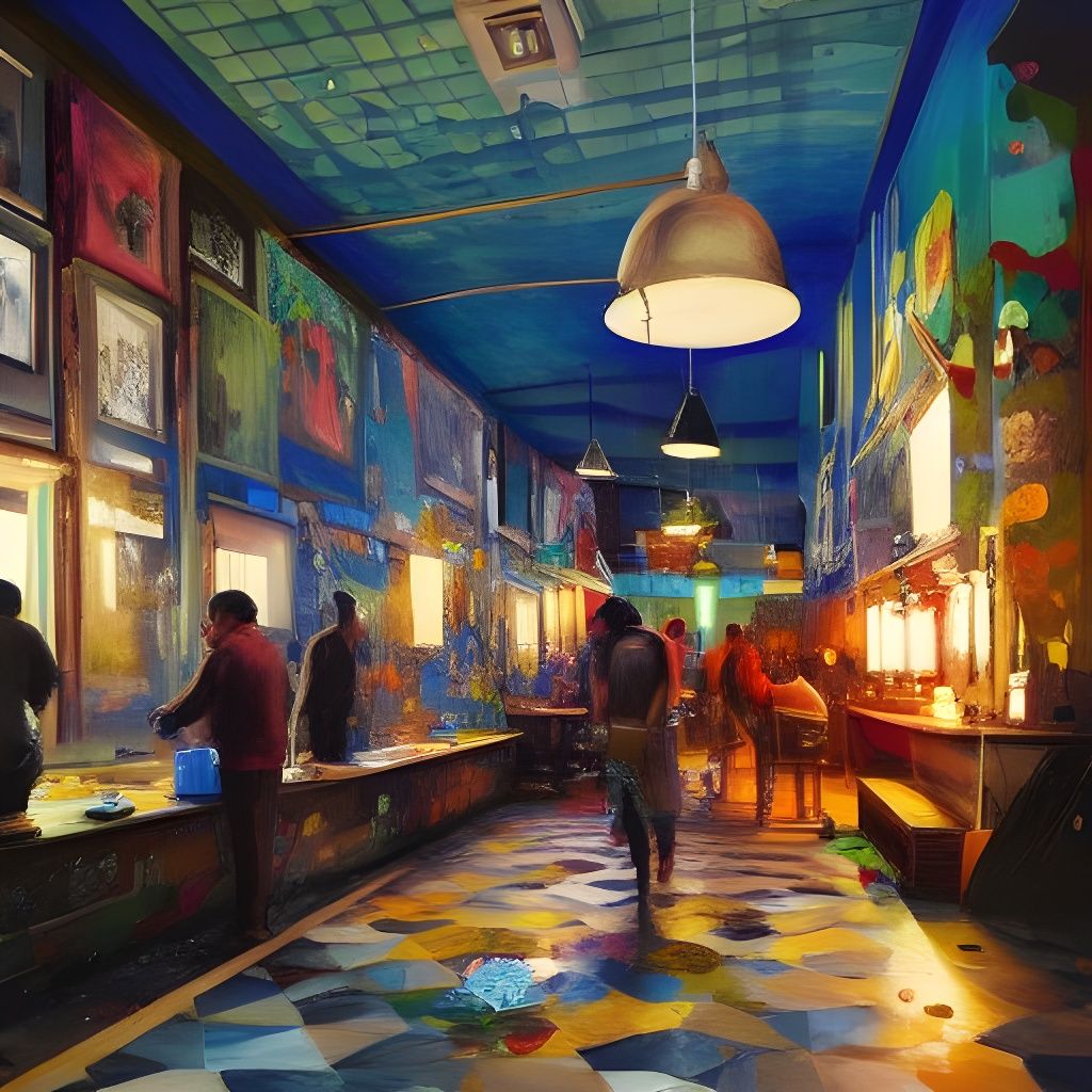 Artists in a Hyperdetailed Art Cafe at Night