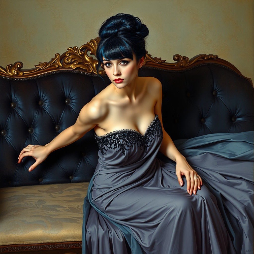 Elegant Woman with Black and Blue Hair in Art Nouveau Style