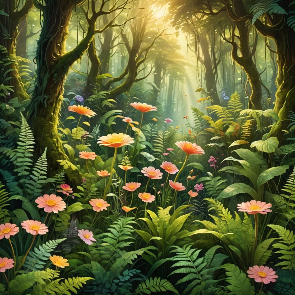 Enchanted Summer Flower Forest in Fantastical Realism