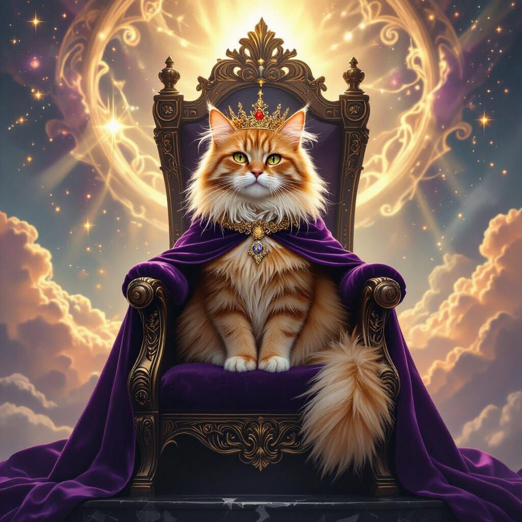 Ginger Cat Queen on Obsidian Throne in Divine Fantasy Style