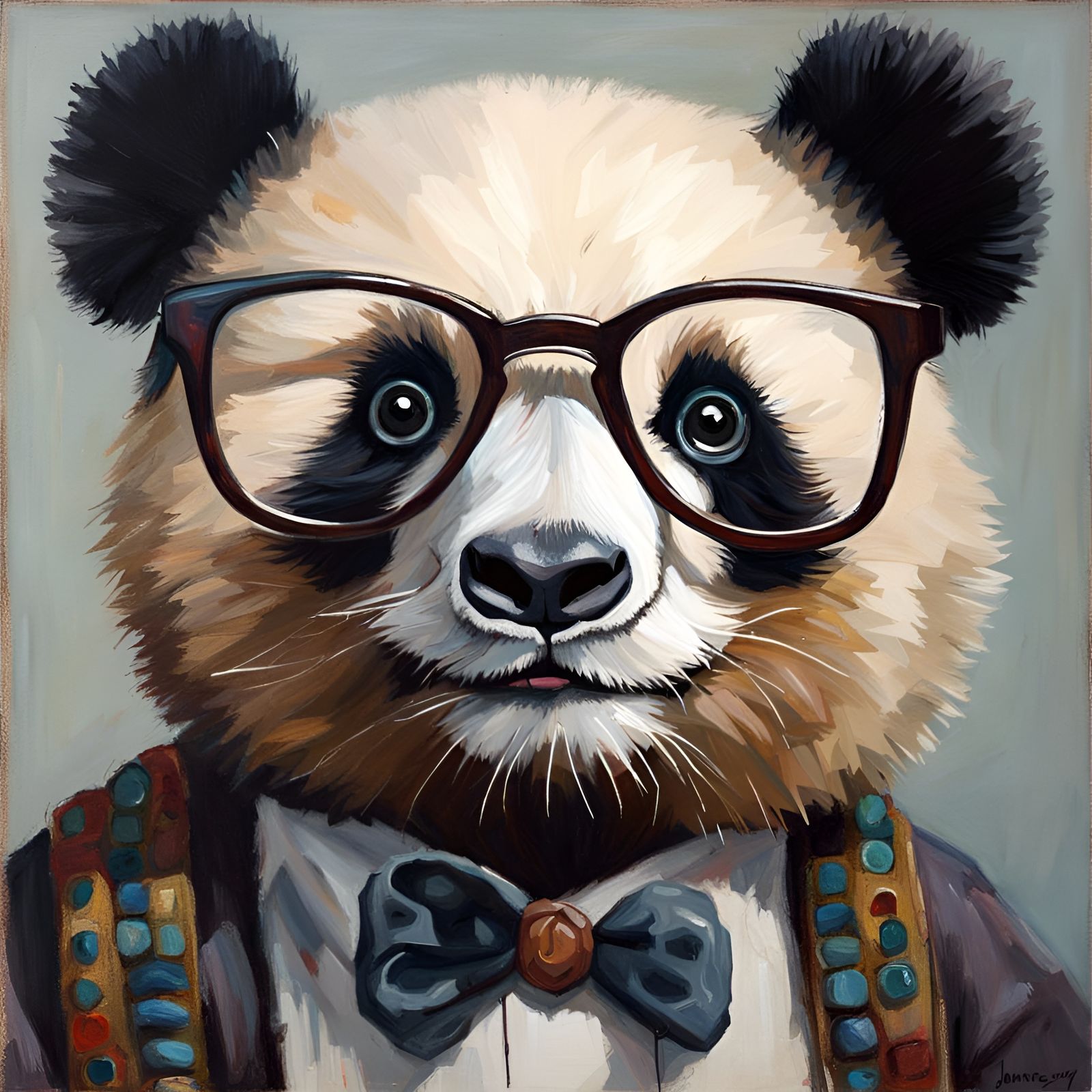 Panda Bear with Glasses Oil Painting
