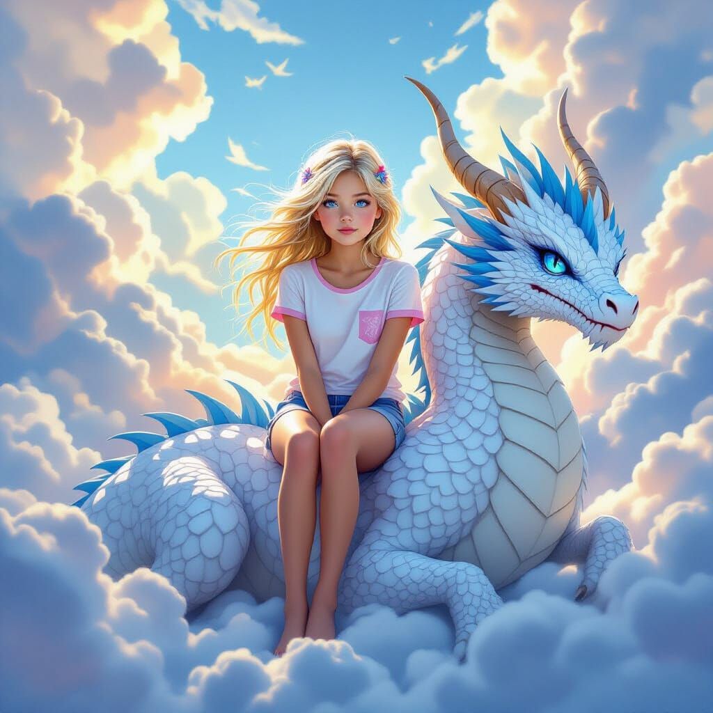 Girl Rides Blue Dragon in Painterly Fantasy Art