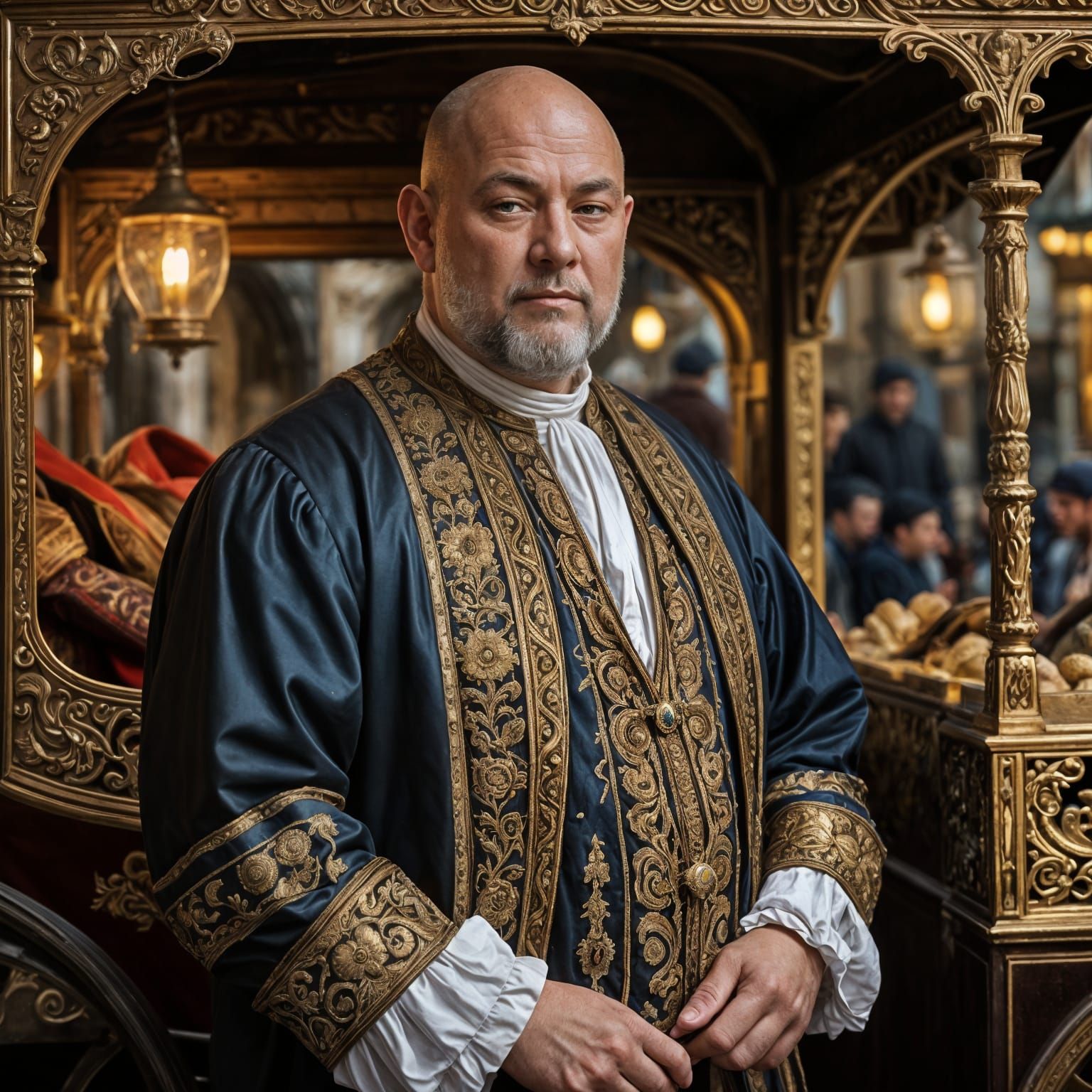 Medieval Fantasy Merchant Exudes Opulence in Bustling Market...