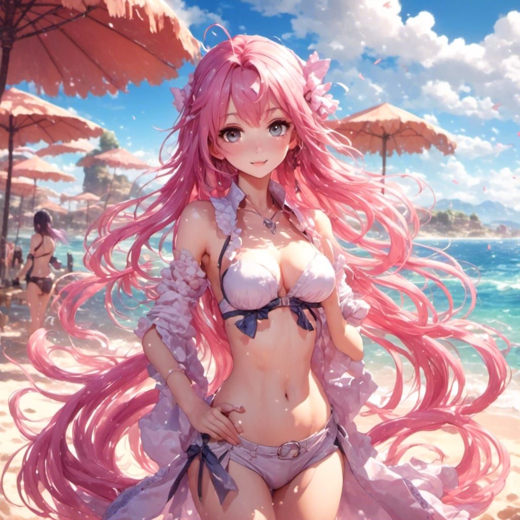 Anime Girls in Bikinis on Beach with Pink Hair