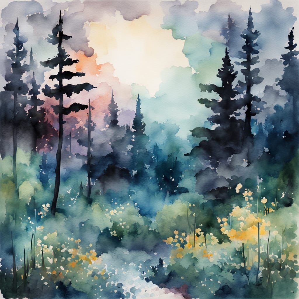 Moonlit Forest: A Whimsical Watercolor Impression