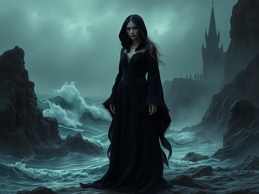 Gothic Sea Siren Amidst Dark Coastline