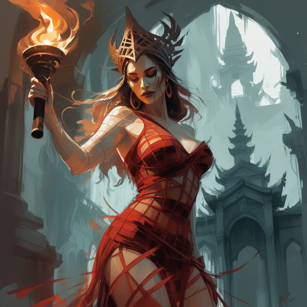 Sorceress with Torch in Temple, Watercolor Sketch