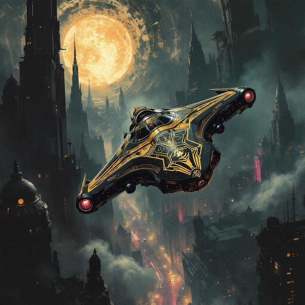 Dark Fantasy Spaceship Soars Over Futuristic City in Cyberpu...