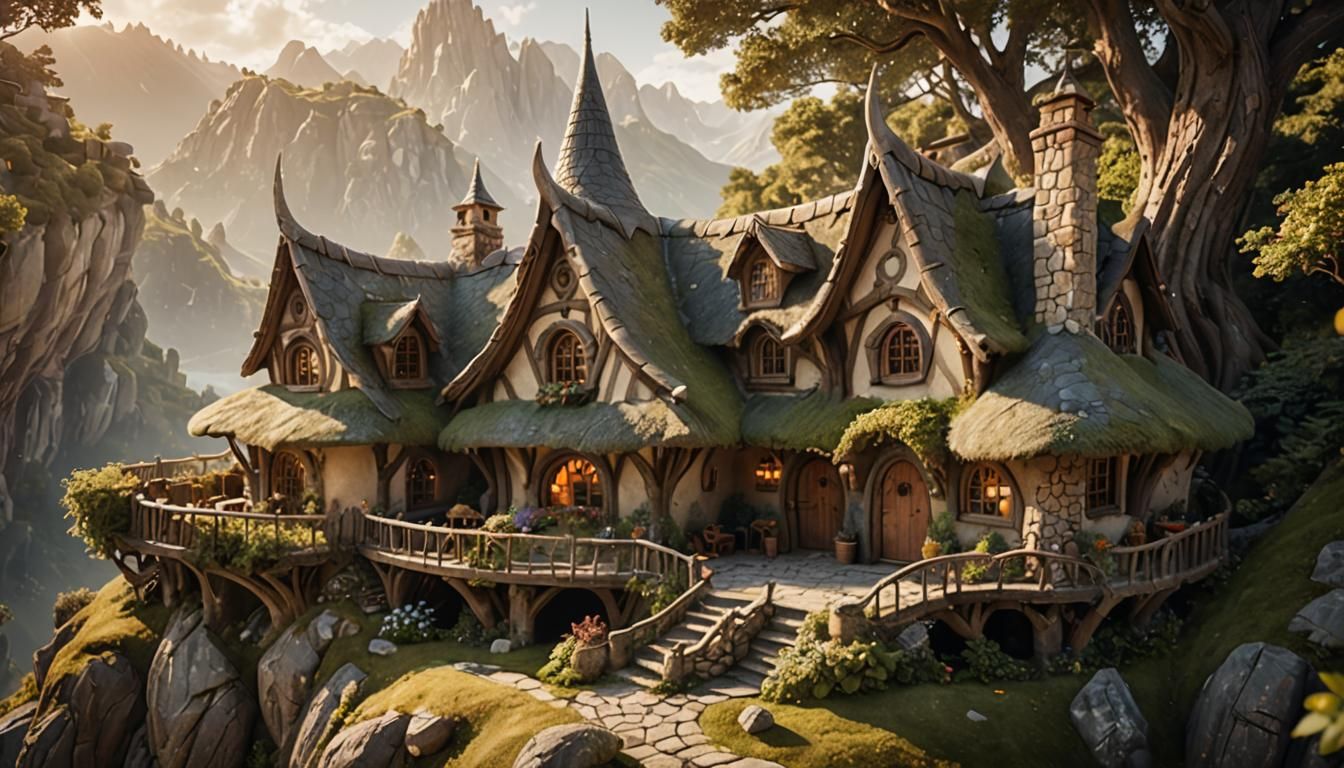 Rustic Elven Cottage on Cliff in Fantasy Realism