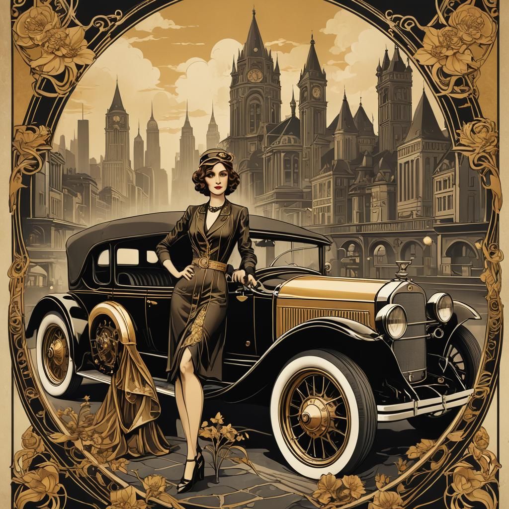 Art Nouveau Poster: Girl with 1930s Car