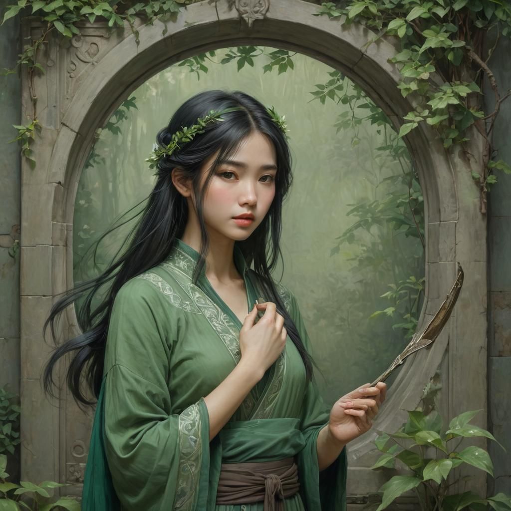 Monochromatic Green Portrait of Asian Girl