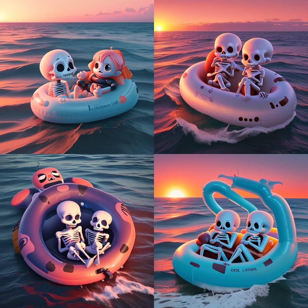 Skeletons in Lifeboat at Sunset: Hyperrealistic Image